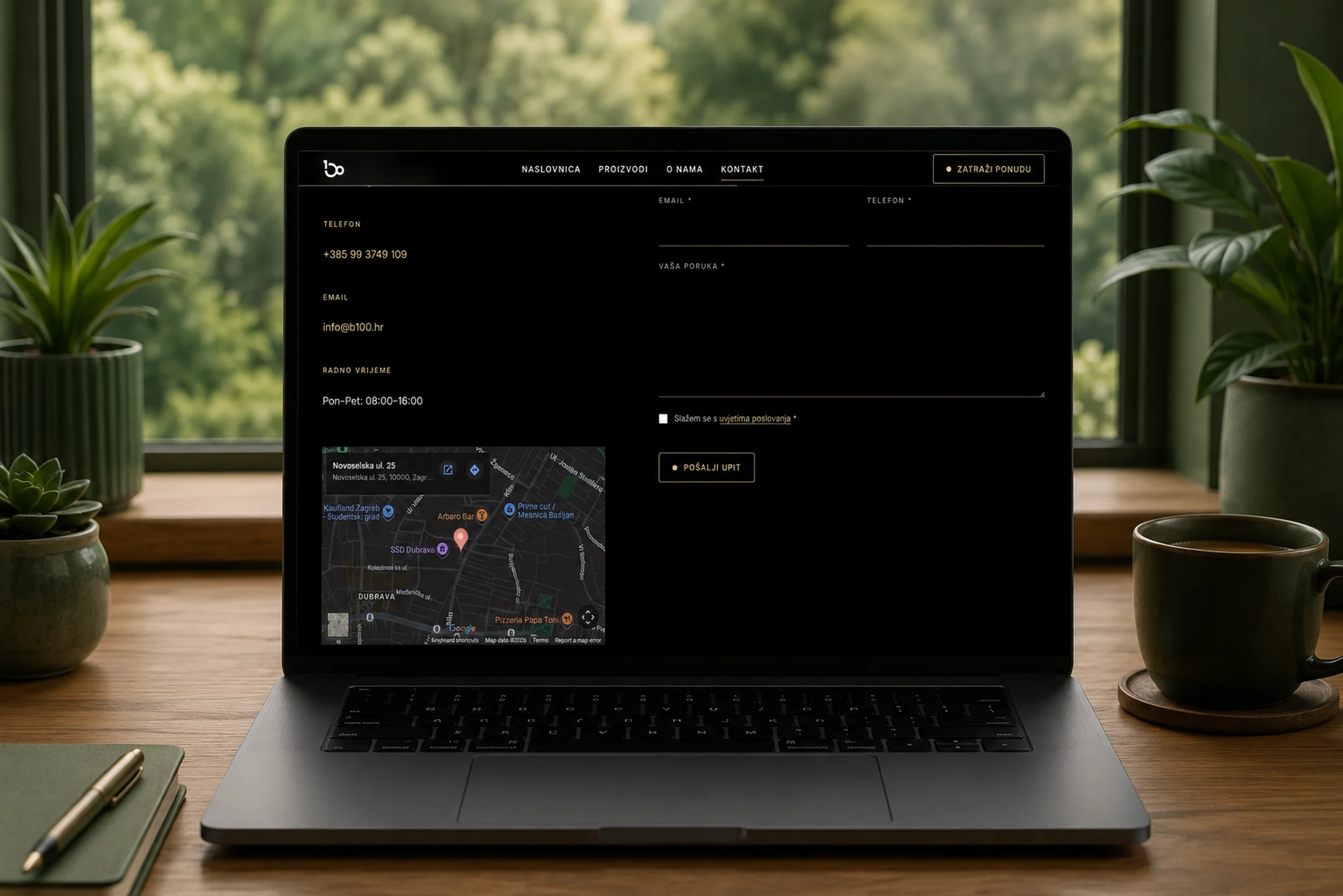 B100.hr — contact page with an inquiry form and an embedded Google map of the Zagreb location
