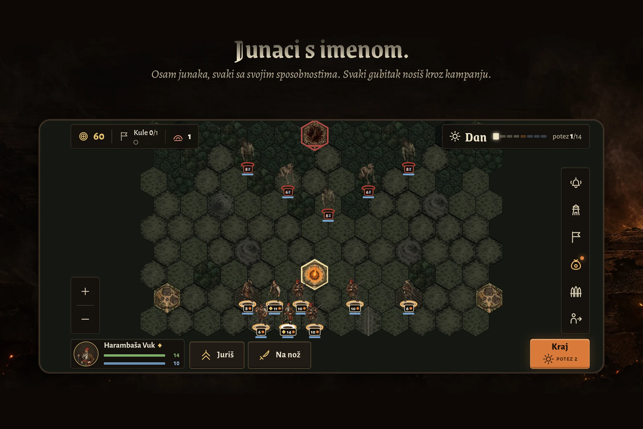 Bedem — imenovani junaci i čete na hex karti danju