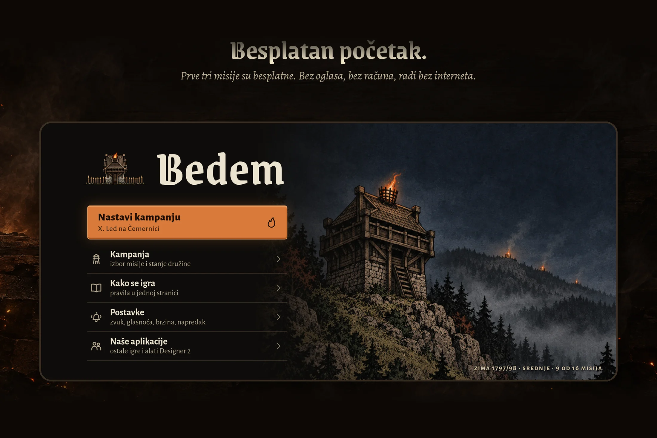 Bedem — glavni izbornik, prve tri misije besplatne