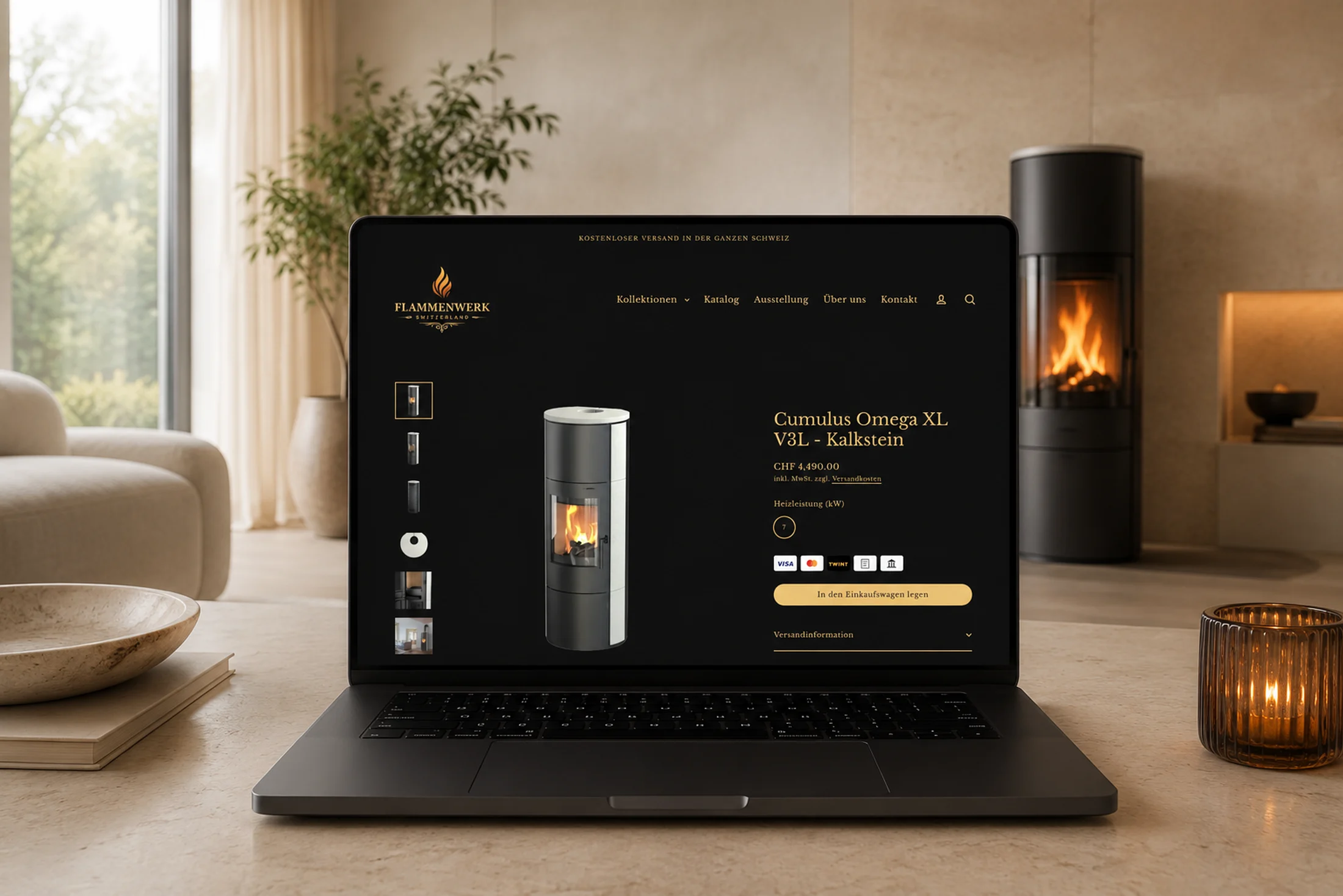 Flammenwerk — product page for the Cumulus Omega XL fireplace stove with technical specifications