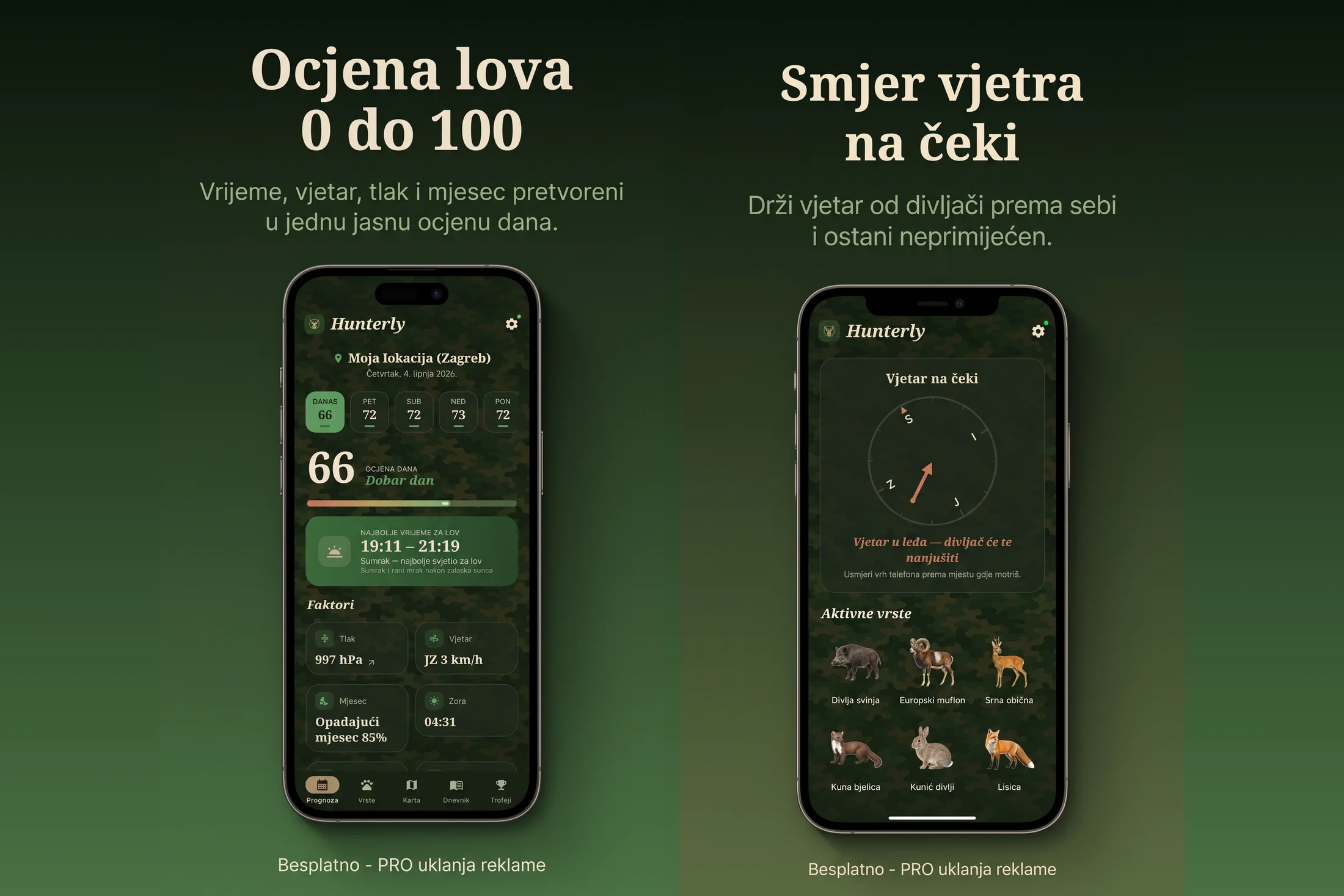 Hunterly — 0–100 hunt score for the day and a wind compass for your stand