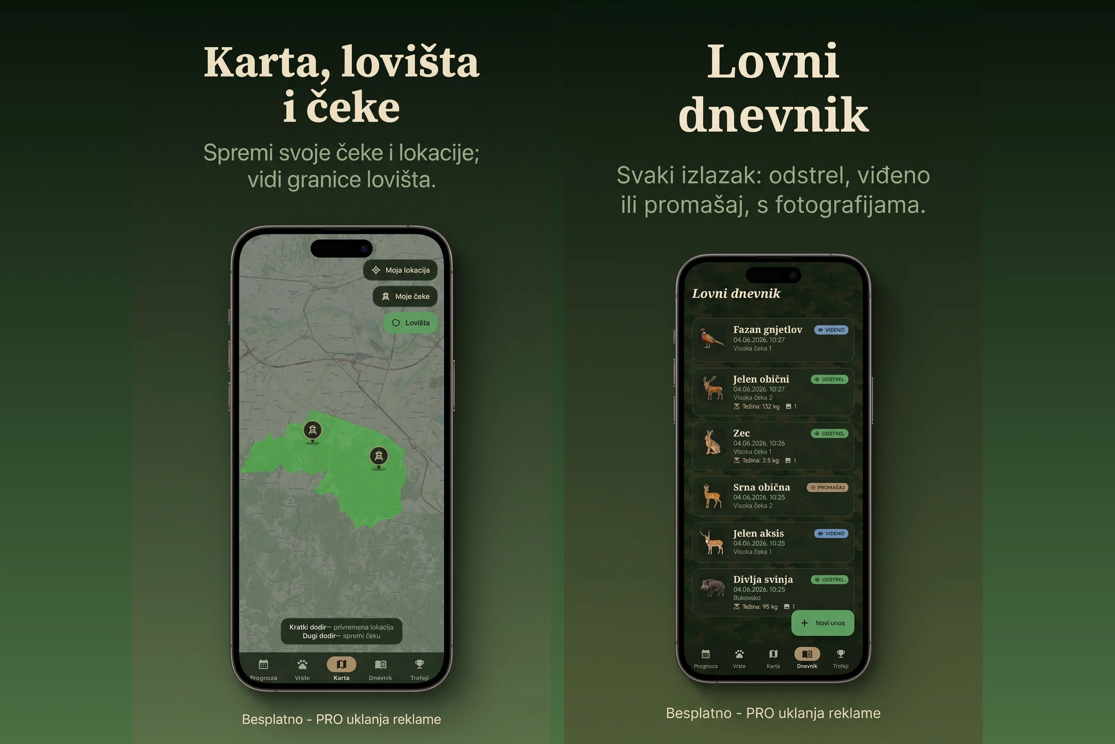 Hunterly — map with hunting grounds and stands, and a catch journal