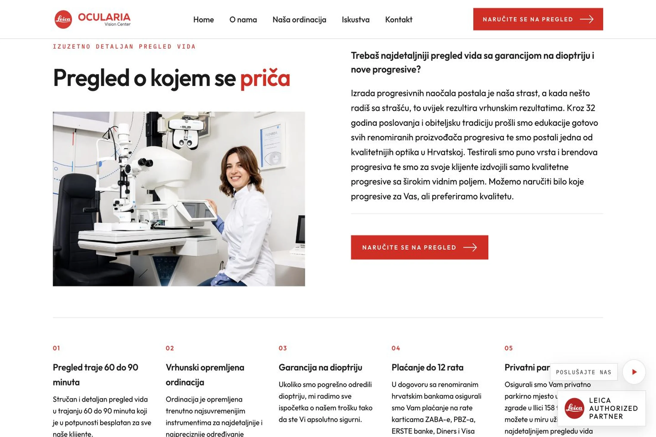 Ocularia Vision Center — sekcija Pregled o kojem se priča s fotografijom optometristice i razlozima za detaljan pregled vida