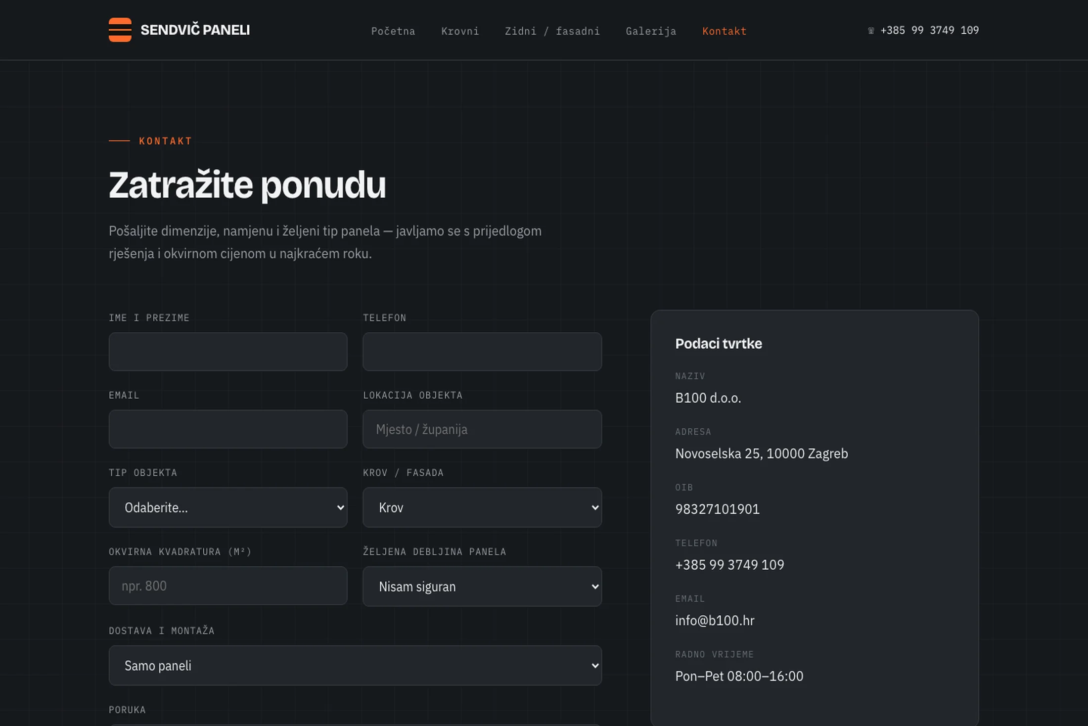 Sendvič-paneli.hr — kontakt stranica s formom za upit i podacima tvrtke