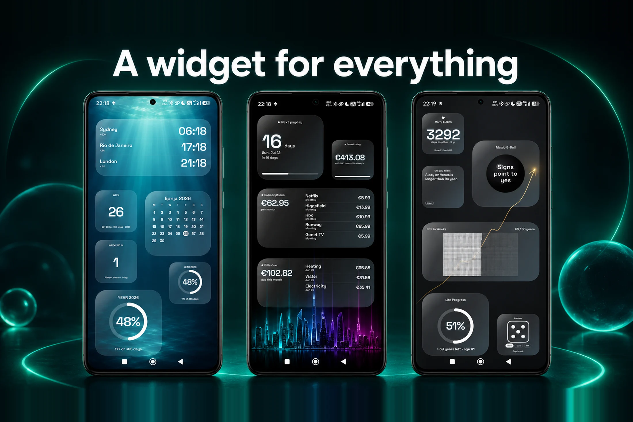 Widgnest — widget za sve: satovi, vrijeme, financije, navike i život